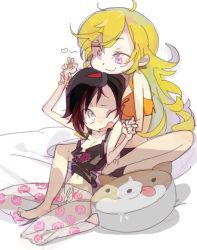 Rule 34 | 2girls, ahoge, amiami, arm grab, barefoot, black hair, blonde hair, breasts, female focus, heart, long hair, multicolored hair, multiple girls, one eye closed, open mouth, pajamas, red hair, ruby rose, rwby, short hair, small breasts, smile, yang xiao long