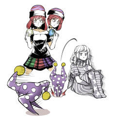Rule 34 | 2girls, american flag dress, black choker, black shirt, choker, clothes writing, clownpiece, depressed, earth (ornament), empty eyes, fairy wings, fleeing, greyscale, hat, hecatia lapislazuli, highres, jester cap, long hair, medium hair, monochrome, moon (ornament), motion lines, multicolored clothes, multicolored skirt, multiple girls, neck ruff, pantyhose, peroponesosu., polka dot, red hair, shirt, simple background, sitting, skirt, sweatdrop, touhou, v-shaped eyebrows, white background, wings