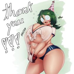 Rule 34 | 1girl, @ @, breasts, buruma, cleavage, coffeeslice, coke-bottle glasses, english text, fat, glasses, gloves, green hair, gym uniform, hair between eyes, hat, heart, highres, huge breasts, navel, nerd (coffeeslice), nipple slip, nipples, open mouth, original, party hat, plump, red gloves, shiny skin, shirt, short hair, solo, sound effects, standing, thick thighs, thighs, torn clothes, torn shirt, twintails, wavy mouth
