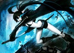 Rule 34 | 10s, 1girl, belt, bikini, bikini top only, black bikini, black gloves, black hair, black rock shooter, black rock shooter (character), blue eyes, boots, broken, broken chain, chain, chain, checkered floor, floor, gloves, glowing, glowing eyes, jacket, katana, knee boots, legs, long hair, long sleeves, looking at viewer, navel, open mouth, pale skin, patipatasavasena, scabbard, scar, sheath, shorts, solo, star-shaped pupils, star (symbol), swimsuit, sword, symbol-shaped pupils, thighs, twintails, unsheathed, very long hair, weapon