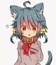 Rule 34 | !?, 1girl, animal ears, antenna hair, bell, cat ears, cat girl, collar, jingle bell, long sleeves, non-web source, simple background, surprised, white background