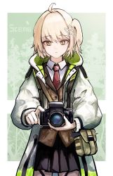 Rule 34 | 1girl, ahoge, arknights, black skirt, border, brown bag, brown vest, camera, character name, collared shirt, cowboy shot, dslr, green background, hair ornament, highres, holding, holding camera, hood, hood down, hooded jacket, jacket, kotowaza, light brown hair, looking at viewer, necktie, one side up, open clothes, open jacket, outside border, parted lips, pleated skirt, pouch, red necktie, scene (arknights), school uniform, shirt, short hair, simple background, skirt, solo, star (symbol), star hair ornament, straight-on, vest, white border, white jacket, white shirt, yellow eyes