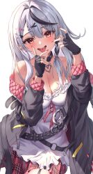 Rule 34 | 1girl, absurdres, bare shoulders, breasts, cleavage, gloves, grey hair, highres, hololive, long hair, medium breasts, multicolored hair, open mouth, sakamata chloe, simple background, smile, solo, streaked hair, una hirag, virtual youtuber