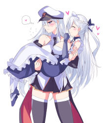 Rule 34 | 2girls, apron, azur lane, bare shoulders, belfast (azur lane), black neckwear, blush, braid, breasts, carrying, chain, closed eyes, coat, collar, commentary request, dress, enterprise (azur lane), french braid, frills, gloves, hat, heart, highres, himiya jouzu, large breasts, long hair, looking away, maid, maid headdress, multiple girls, necktie, off shoulder, peaked cap, princess carry, purple eyes, shirt, simple background, skirt, sleeveless, sleeveless shirt, smile, thighhighs, thought bubble, very long hair, white background, white gloves, white hair, yuri