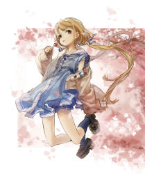 Rule 34 | 1girl, :p, blonde hair, blue bow, blue bowtie, blue dress, bow, bowtie, brown eyes, candy, cardigan, cherry blossoms, collarbone, commentary, dress, food, frilled dress, frills, full body, futaba anzu, hair ribbon, highres, holding, holding candy, holding food, holding lollipop, idolmaster, idolmaster cinderella girls, idolmaster cinderella girls starlight stage, loafers, lollipop, long hair, long sleeves, low twintails, off shoulder, open cardigan, open clothes, ribbon, shoes, sleeveless, sleeveless dress, sleeves past fingers, sleeves past wrists, socks, solo, striped ribbon, tongue, tongue out, twintails, yul (user gyut3424)