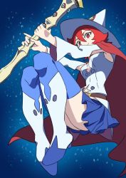 Rule 34 | 1girl, artist request, boots, chariot du nord, hat, little witch academia, red eyes, red hair, shiny chariot, skirt, thighhighs, witch hat