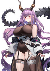 Rule 34 | 1girl, absurdres, arknights, bare shoulders, black leotard, black thighhighs, breasts, commentary request, cowboy shot, dishui tangni, garter straps, highres, horns, huge breasts, leotard, long hair, looking at viewer, off shoulder, purple hair, red eyes, simple background, single thighhigh, skindentation, solo, standing, thigh strap, thighhighs, thighs, typhon (arknights), very long hair, white background