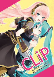 Rule 34 | 2girls, aqua eyes, blue eyes, cover, cover page, detached sleeves, hatsune miku, hijiki (hijikini), hijikini, hug, long hair, megurine luka, multiple girls, necktie, one eye closed, pink hair, skirt, smile, thighhighs, twintails, very long hair, vocaloid, wink, yuri