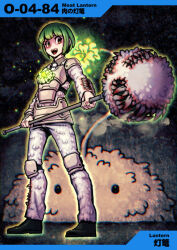 Rule 34 | 1girl, antennae, armor, black eyes, black footwear, blood, blood on teeth, blunt bangs, breastplate, check commentary, collared shirt, commentary request, dark background, e.g.o (project moon), employee (project moon), eyelashes, full body, fur pants, fur sleeves, glowing flower, green flower, green hair, grey eyes, grey shirt, holding mace, knee pads, lobotomy corporation, long sleeves, meat lantern (project moon), meimaru inuchiyo, necktie, numbered, open mouth, panties, partial commentary, project moon, sharp teeth, shirt, shoes, short hair, shoulder pads, smile, solid circle eyes, teeth, underwear, white armor, white necktie, white panties, white sleeves