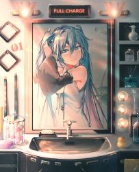 Rule 34 | 1girl, arms up, bare shoulders, black sleeves, blue eyes, blue hair, blue necktie, closed mouth, collared shirt, commentary request, detached sleeves, english text, faucet, hair between eyes, hatsune miku, highres, indoors, long hair, long sleeves, looking at viewer, mirror, necktie, reflection, rubber duck, saihate (d3), shampoo hat, shirt, sink, sleeveless, sleeveless shirt, smile, solo, tie clip, twintails, tying hair, upper body, very long hair, vocaloid, white shirt, wide sleeves