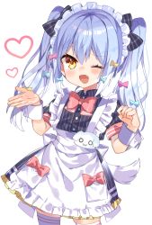 Rule 34 | 1boy, absurdres, apron, bad id, bad pixiv id, blue hair, blush, bow, bowtie, dog tail, dress, fang, frilled apron, frilled dress, frills, hair between eyes, hair bow, hair ornament, heart, highres, inuyama tamaki, looking at viewer, maid apron, maid headdress, male focus, noi mine, noripro, one eye closed, open mouth, paw pose, simple background, smile, striped clothes, striped dress, tail, thighhighs, trap, twintails, vertical-striped clothes, vertical-striped dress, virtual youtuber, white background, wrist cuffs, yellow eyes