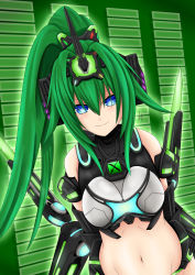 Rule 34 | 1girl, absurdres, armor, blue eyes, blush, bodysuit, breasts, cowboy shot, cundodeviant, female focus, gloves, green hair, highres, horns, large breasts, long hair, looking at viewer, midriff, navel, neptune (series), next green, polearm, ponytail, smile, spear, star-shaped pupils, star (symbol), stomach, symbol-shaped pupils, thighhighs, vert (neptunia), very long hair, weapon