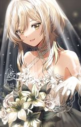 Rule 34 | 1girl, bare shoulders, blonde hair, bouquet, bridal veil, collarbone, commentary, dress, elbow gloves, eyes visible through hair, flower, genshin impact, gloves, halter dress, halterneck, holding, holding bouquet, jewelry, looking at viewer, lumine (genshin impact), open mouth, ring, sidelocks, silence girl, solo, veil, wedding dress, white dress, white gloves, yellow eyes