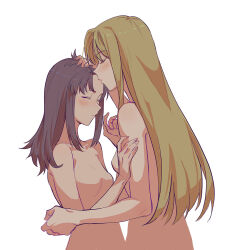 Rule 34 | 2girls, blonde hair, breasts, closed eyes, closed mouth, commentary, english commentary, hand on another&#039;s arm, kaleido star, kiss, kissing forehead, layla hamilton, long hair, multiple girls, naegino sora, nude, purple hair, rekari (rekari628), simple background, small breasts, upper body, white background, yuri