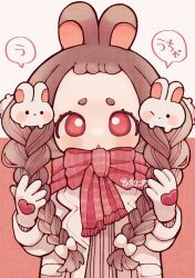 Rule 34 | 1girl, animal ears, artist name, bow, braid, brown hair, gloves, hands up, heart, heart print, highres, irozaki ihachi, jacket, long hair, long sleeves, looking at viewer, open clothes, open jacket, original, print gloves, rabbit, rabbit ears, rabbit girl, red eyes, red scarf, scarf, scarf bow, short bangs, short eyebrows, signature, solo, speech bubble, standing, straight-on, twin braids, upper body, white gloves, white jacket