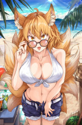 Rule 34 | 1girl, :p, absurdres, ahoge, animal ear fluff, animal ears, ball, beach, belt, bikini, blonde hair, blue shorts, blue sky, bottle, breasts, buttons, can, closed mouth, cloud, commentary request, day, denim, denim shorts, fox ears, fox tail, front-tie top, glasses, highres, large breasts, looking at viewer, mahimaru, multiple tails, navel, ocean, open belt, open clothes, open fly, open shorts, outdoors, sand, short hair, shorts, sky, slit pupils, smile, solo, sun, swimsuit, tail, tongue, tongue out, touhou, unbuckled, unbuttoned, white bikini, yakumo ran, yellow eyes
