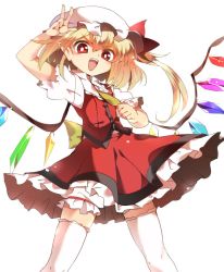 Rule 34 | 1girl, arm up, bad id, bad twitter id, blonde hair, bloomers, colorized, crystal, doroame (ameyu), fang, flandre scarlet, hasebe yuusaku, hat, hat ribbon, looking at viewer, mob cap, open mouth, pointy ears, puffy sleeves, red eyes, ribbon, shirt, short hair, short sleeves, simple background, skirt, skirt set, smile, solo, thighhighs, touhou, underwear, upskirt, v, vest, white background, white thighhighs, wings