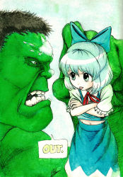 Rule 34 | &gt;:p, 1boy, 1girl, :p, angry, animification, ascot, black hair, blue eyes, blue hair, bow, cirno, colored skin, commentary, crossed arms, crossover, english text, eye contact, green eyes, green skin, hair bow, highres, holding up, hulk, incredible hulk, isaki tanaka, looking at another, marvel, md5 mismatch, midriff peek, navel, resized, resolution mismatch, short hair, short sleeves, size difference, skirt, skirt set, snowball, source smaller, speech bubble, teeth, tongue, tongue out, touhou, traditional media, upscaled, v-shaped eyebrows