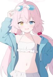 Rule 34 | 1girl, absurdres, bikini, bikini under clothes, blue archive, blue eyes, heterochromia, highres, hoshino (blue archive), jyt, looking at viewer, pink hair, solo, swimsuit, yellow eyes