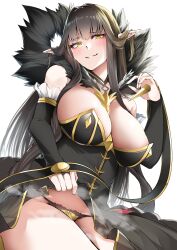 Rule 34 | 1girl, absurdres, bare shoulders, black dress, black panties, blush, breasts, brown hair, cleavage, clothes lift, detached sleeves, dress, dress lift, fate/apocrypha, fate (series), fur trim, gold trim, grin, highres, large breasts, len (hand linke), long hair, looking at viewer, panties, pointy ears, semiramis (fate), sidelocks, slit pupils, smile, solo, spikes, underwear, very long hair, yellow eyes