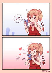 Rule 34 | 1girl, 2koma, artist name, blonde hair, blush, brown eyes, cellphone, closed mouth, comic, english text, fangs, flandre scarlet, heart, highres, holding, holding phone, looking away, parted lips, phone, puffy short sleeves, puffy sleeves, short hair, short ponytail, short sleeves, side ponytail, solo, speech bubble, teeth, touhou, tumblr username, twitter username, yoruny