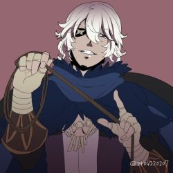 Rule 34 | 1boy, cape, dark skin, dark-skinned male, european clothes, eyepatch, fire emblem, fire emblem fates, lilly0723euro, looking at viewer, male focus, niles (fire emblem), nintendo, rope, solo, solo focus, white hair