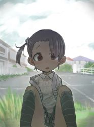 Rule 34 | 1girl, backpack, bag, blush, child, female focus, kikai (akita morgue), legs, looking at viewer, open mouth, original, outdoors, side ponytail, sitting, skirt, solo
