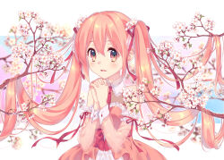 Rule 34 | 1girl, bare shoulders, blurry, blurry background, branch, commentary request, depth of field, detached sleeves, dress, flower, hair ribbon, hands up, hatsune miku, highres, interlocked fingers, kusumoto shizuru, long hair, long sleeves, looking at viewer, own hands clasped, own hands together, parted lips, pink dress, pink hair, puffy long sleeves, puffy sleeves, red eyes, red ribbon, ribbon, sakura miku, see-through, see-through sleeves, smile, solo, twintails, very long hair, vocaloid, white flower
