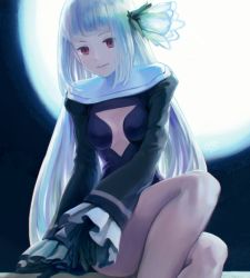 Rule 34 | 1girl, bare legs, black dress, black gloves, blunt bangs, blurry, bravely default (series), bravely second: end layer, breasts, center opening, closed mouth, cowboy shot, depth of field, dress, eyebrows, eyelashes, eyes visible through hair, facing viewer, flower, frilled sleeves, frills, full moon, gloves, hair flower, hair ornament, highres, lips, long hair, long sleeves, looking at viewer, magnolia, magnolia arch, midriff, moon, night, night sky, pink lips, red eyes, reiesu (reis), short dress, sidelocks, signature, sitting, sky, sleeves past wrists, small breasts, smile, solo, straight hair, turtleneck, very long hair, white hair, wide sleeves