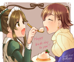 Rule 34 | 2girls, apron, artist name, brown background, brown eyes, brown hair, closed eyes, commentary request, dated, dress, earrings, english text, eyelashes, feeding, food, fork, green dress, happy birthday, holding, holding fork, honda mio, idolmaster, idolmaster cinderella girls, jewelry, maid apron, maid headdress, multiple girls, open mouth, plate, pudding, short hair, sleeve cuffs, sweater, takamori aiko, turtleneck, turtleneck sweater, upper body, yoyotu