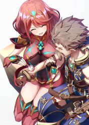 Rule 34 | 1boy, 1girl, absurdres, blush, bob cut, breasts, brown hair, chest jewel, closed eyes, commentary request, core crystal (xenoblade), cotton ball, earrings, highres, injury, jewelry, large breasts, open mouth, pain, pyra (xenoblade), red hair, revision, rex (xenoblade), scene reference, screaming, short hair, sitting, smile, spiked hair, swept bangs, takahashi hizumi, tiara, xenoblade chronicles (series), xenoblade chronicles 2