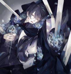 Rule 34 | 1girl, black hair, blood, blood on face, blood stain, blue flower, bouquet, brooch, bruise, cape, corpse, cuts, death, closed eyes, flower, holding, holding bouquet, injury, jewelry, nishihara isao, pale skin, pixiv fantasia, pixiv fantasia fallen kings, rose (pffk), scratches, short hair, solo