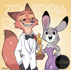 Rule 34 | 1boy, 1girl, academy award of merit, black bow, black bowtie, bow, bowtie, copyright name, dress, fox, fox tail, furry, furry female, furry male, green eyes, grin, hand in pocket, hand on own cheek, hand on own face, jacket, jewelry, judy hopps, necklace, nick wilde, open mouth, orange background, purple dress, purple eyes, rabbit, rabbit tail, shiroyama rikuta, signature, smile, strapless, strapless dress, tail, tuxedo, white jacket, zootopia