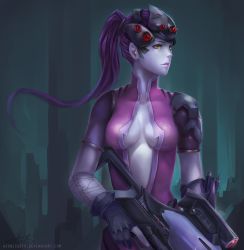 Rule 34 | 1girl, aionlights, arm tattoo, armor, blue skin, bodysuit, breasts, cleavage, colored skin, expressionless, gloves, gun, head-mounted display, lipstick, makeup, medium breasts, overwatch, overwatch 1, pauldrons, ponytail, purple hair, rifle, shoulder armor, signature, sniper rifle, solo, tattoo, watermark, weapon, web address, widowmaker (overwatch), yellow eyes