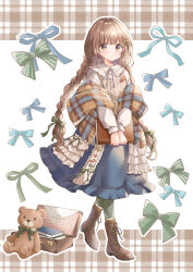 Rule 34 | 1girl, blue bow, blue skirt, book, boots, bow, braid, brown footwear, brown hair, green bow, green eyes, hair bow, highres, holding, holding book, hoshiibara mato, looking at viewer, low twin braids, original, skirt, smile, solo, stuffed animal, stuffed toy, teddy bear, twin braids, walking