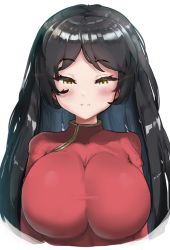 Rule 34 | 1girl, black hair, blush, breasts, brown eyes, chinese clothes, commentary request, huge breasts, light smile, long hair, looking at viewer, noon maru, noonmaru, pucca, pucca (cartoon), raised eyebrows, simple background, solo, upper body, white background, yuki maru