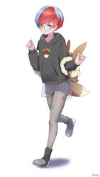 Rule 34 | 1girl, absurdres, backpack, bag, blue hair, blush, boots, brown bag, closed mouth, commentary request, creatures (company), full body, game freak, glasses, grey eyes, grey pantyhose, highres, hood, hoodie, long sleeves, multicolored hair, nintendo, pantyhose, penny (pokemon), poke ball print, pokemon, pokemon sv, print pantyhose, red hair, round eyewear, see-through, see-through skirt, shorts, shorts under skirt, skirt, solo, standing, ta1sh1, two-tone hair