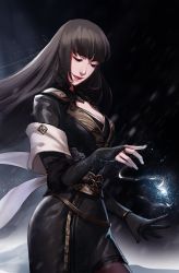 Rule 34 | 10s, 1girl, black dress, black gloves, black hair, breasts, cleavage, dress, closed eyes, final fantasy, final fantasy xv, gentiana, gloves, highres, lipstick, long hair, makeup, olivia730, red lips, shawl, smile, solo