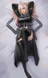 Rule 34 | 1girl, angelise reiter, armor, armored dress, warrior of light (ff14), black dress, black thighhighs, blue eyes, borrowed character, breasts, commentary, commission, commissioner upload, corset, crest, dakimakura (medium), dress, english commentary, final fantasy, final fantasy xiv, gorget, hair over one eye, hands in hair, head tilt, highres, hyur, large breasts, lips, long hair, lying, no shoes, nose, on back, second-party source, silver hair, solo, thighhighs, x-kulon