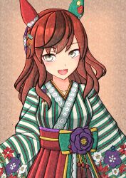 Rule 34 | 1girl, 2-butani, absurdres, animal ears, brown background, brown eyes, commentary request, ear covers, floral print, hair between eyes, hair ornament, highres, horse ears, horse girl, japanese clothes, kimono, long hair, long sleeves, multicolored hair, nice nature (converging wishes) (umamusume), nice nature (new year) (umamusume), nice nature (umamusume), obi, official alternate costume, official alternate hairstyle, open mouth, sash, simple background, smile, solo, streaked hair, striped clothes, striped kimono, umamusume, upper body