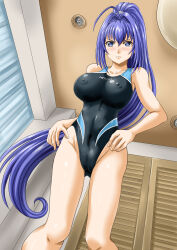Rule 34 | 1girl, absurdres, ahoge, black one-piece swimsuit, blue eyes, blue hair, cameltoe, commentary request, commission, competition swimsuit, covered erect nipples, curtains, door, feet out of frame, hayase mitsuki, highres, indoors, kimi ga nozomu eien, long hair, nao takami, one-piece swimsuit, open mouth, ponytail, shirt, skeb commission, solo, swimsuit, very long hair