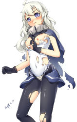 Rule 34 | 10s, 1girl, absurdres, abyssal ship, bodysuit, breasts, cape, highres, kantai collection, pantyhose, shuffle (songdatiankong), silver hair, small breasts, solo, torn clothes, torn pantyhose, wo-class aircraft carrier