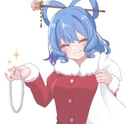 Rule 34 | 1girl, blue hair, chisel, closed eyes, closed mouth, drill hair, drill sidelocks, fur trim, hair ornament, hair rings, hair stick, highres, holding, holding sack, jewelry, kaku seiga, kasano ame, necklace, sack, santa costume, sidelocks, simple background, smile, solo, star (symbol), touhou, upper body, white background