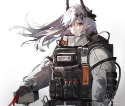Rule 34 | 1girl, :o, arknights, bands, black gloves, black horns, black straps, bomber jacket, commentary request, cropped legs, diamond hair ornament, ear piercing, flashbang, floating hair, gloves, hair between eyes, hand on weapon, highres, horns, jacket, long hair, long sleeves, looking at viewer, milluun, mudrock (arknights), open mouth, parted lips, piercing, pocket, pointy ears, red eyes, red ribbon, ribbon, simple background, solo, standing, tactical clothes, upper body, war hammer, weapon, white background, white hair