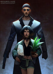 Rule 34 | 1boy, 1girl, artist name, beanie, black hair, briefcase, child, commentary, english commentary, flower pot, glasses, green jacket, gun, handgun, hat, highres, holding, holding briefcase, holding flower pot, holding plant, holding suitcase, jacket, knit hat, lar grizzly win mag, leon (leon the professional), leon the professional, looking at viewer, mathilda lando, plant, potted plant, shorts, smoke, striped clothes, striped shorts, suitcase, suppressor, thefearmaster, weapon