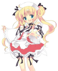 Rule 34 | 1girl, :d, ahoge, aogiri sei, blonde hair, bloomers, blue eyes, blush, bow, detached collar, detached sleeves, dress, fang, hair ornament, hair ribbon, hair rings, hairclip, hat, long hair, long sleeves, neck ribbon, open mouth, original, outstretched arm, outstretched hand, plaid, ribbon, sidelocks, simple background, sleeves past wrists, smile, solo, twintails, underwear
