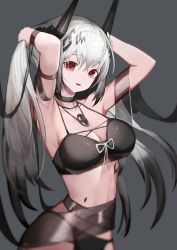 Rule 34 | 1girl, absurdres, arknights, armpits, arms up, bikini, black bikini, black choker, breasts, choker, cleavage, commentary request, dra (dhra a), grey background, highres, horns, large breasts, long hair, looking at viewer, mudrock (arknights), mudrock (silent night) (arknights), navel, parted lips, red eyes, simple background, solo, stomach, swimsuit, upper body, very long hair, white hair