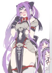 Rule 34 | 3girls, arm up, armor, arms behind back, bare shoulders, black bow, black gloves, blush, bow, bracelet, breastplate, clothing cutout, collar, cosplay, dress, embarrassed, euryale (fate), fang, fate/grand order, fate/hollow ataraxia, fate/stay night, fate (series), gloves, groin, hair bow, hair intakes, hairband, hand to own mouth, headband, highres, hip vent, jewelry, light purple hair, lolita hairband, long hair, medusa (fate), medusa (lancer) (fate), medusa (lancer) (fate) (cosplay), medusa (rider) (fate), multiple girls, naughty face, no panties, open mouth, parted bangs, peeking, pelvic curtain, ponytail, rider, shirabi, siblings, side cutout, sisters, slit pupils, smile, smug, stheno (fate), thigh strap, thighhighs, thighs, twins, twintails, very long hair, white dress, white legwear