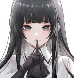 Rule 34 | 1girl, arknights, ascot, black ascot, black eyes, black gloves, black hair, closed mouth, collared jacket, colored inner hair, commentary, eyelashes, finger to mouth, gloves, grey hair, hand up, highres, jacket, long hair, looking at viewer, mole, mole under eye, multicolored hair, portrait, raramente, shushing, sidelocks, simple background, smile, solo, straight-on, straight hair, two-tone hair, upper body, virtuosa (arknights), white background, white jacket, wing collar, yellow pupils