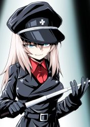 Rule 34 | 1girl, absurdres, alternate costume, baton, baton (weapon), black gloves, black hat, black jacket, blue eyes, commentary, dress shirt, evil grin, evil smile, expandable baton, girls und panzer, gloves, grin, half-closed eyes, hat, highres, holding, insignia, itsumi erika, jacket, kamishima kanon, long sleeves, looking at viewer, medium hair, military, military hat, military uniform, one-hour drawing challenge, peaked cap, red shirt, shirt, silver hair, smile, solo, uniform, upper body, weapon, wing collar